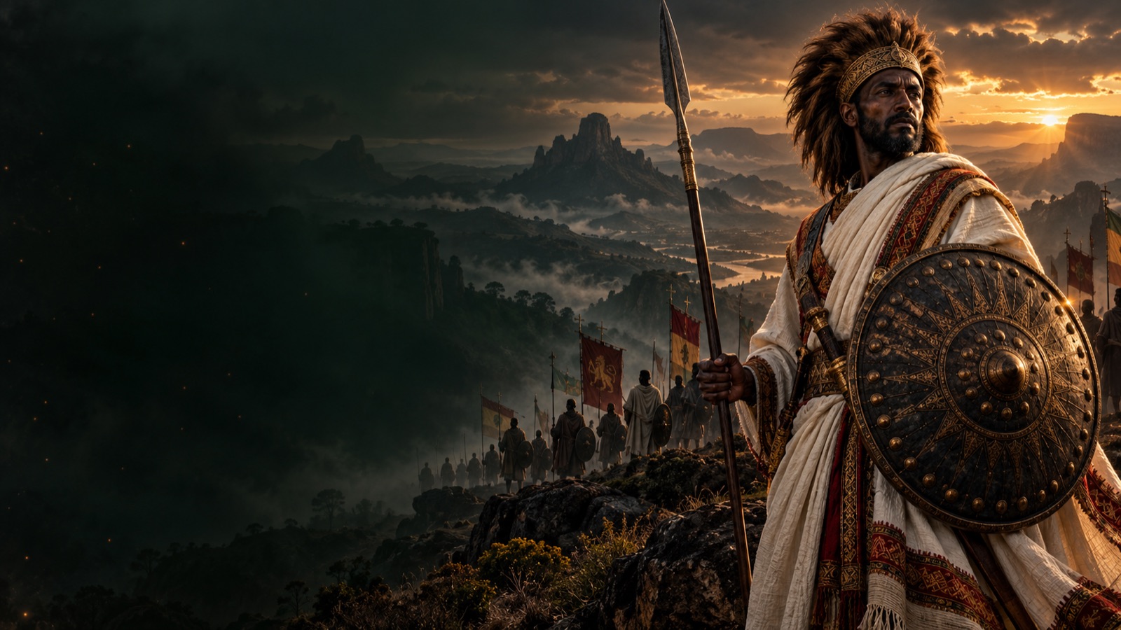 An Ethiopian-inspired warrior looks across a dramatic mountain landscape