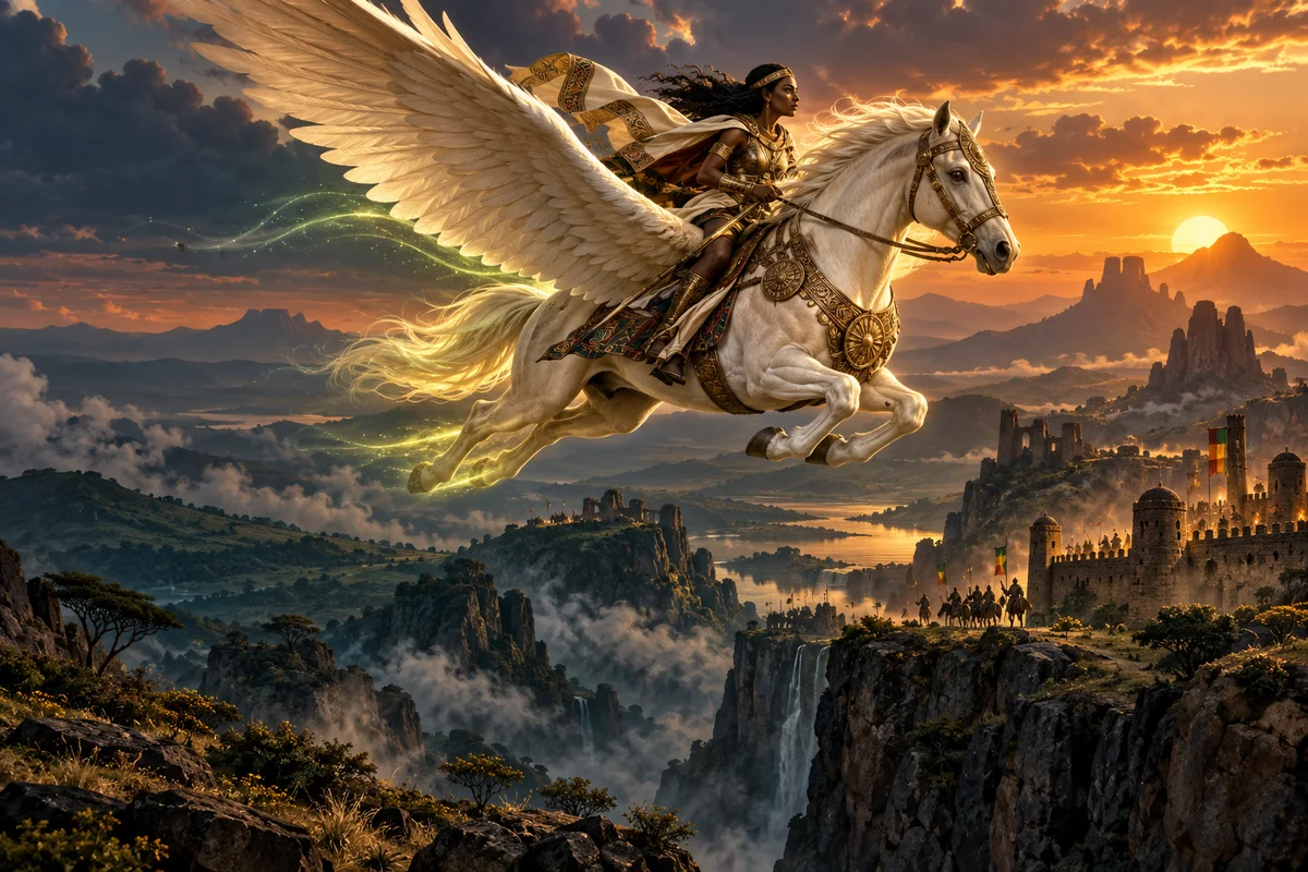 A winged white horse and rider soar over an Ethiopian-inspired highland landscape
